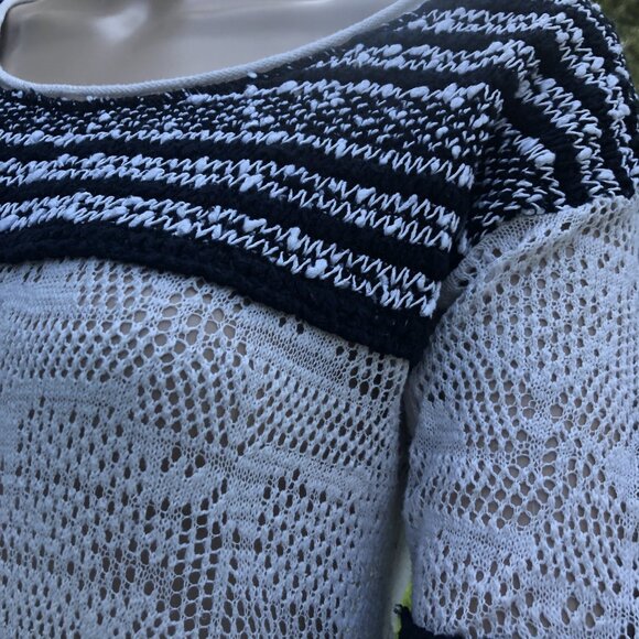 FREE PEOPLE Cream Black Open Weave Knit Long Sleeve Top Size L - Picture 4 of 6